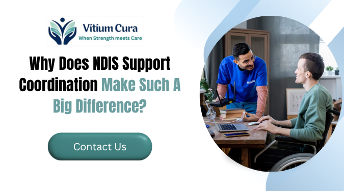 NDIS support coordination meeting between a support worker and participant discussing personalised care and service planning.